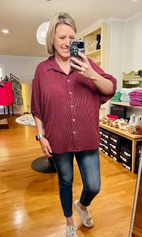 Burgundy ribbed button down top