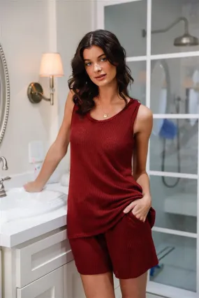 Burgundy Sleeveless Knit Tank Top & Shorts Set