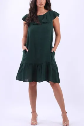 Collared Linen Dress - Forest Green
