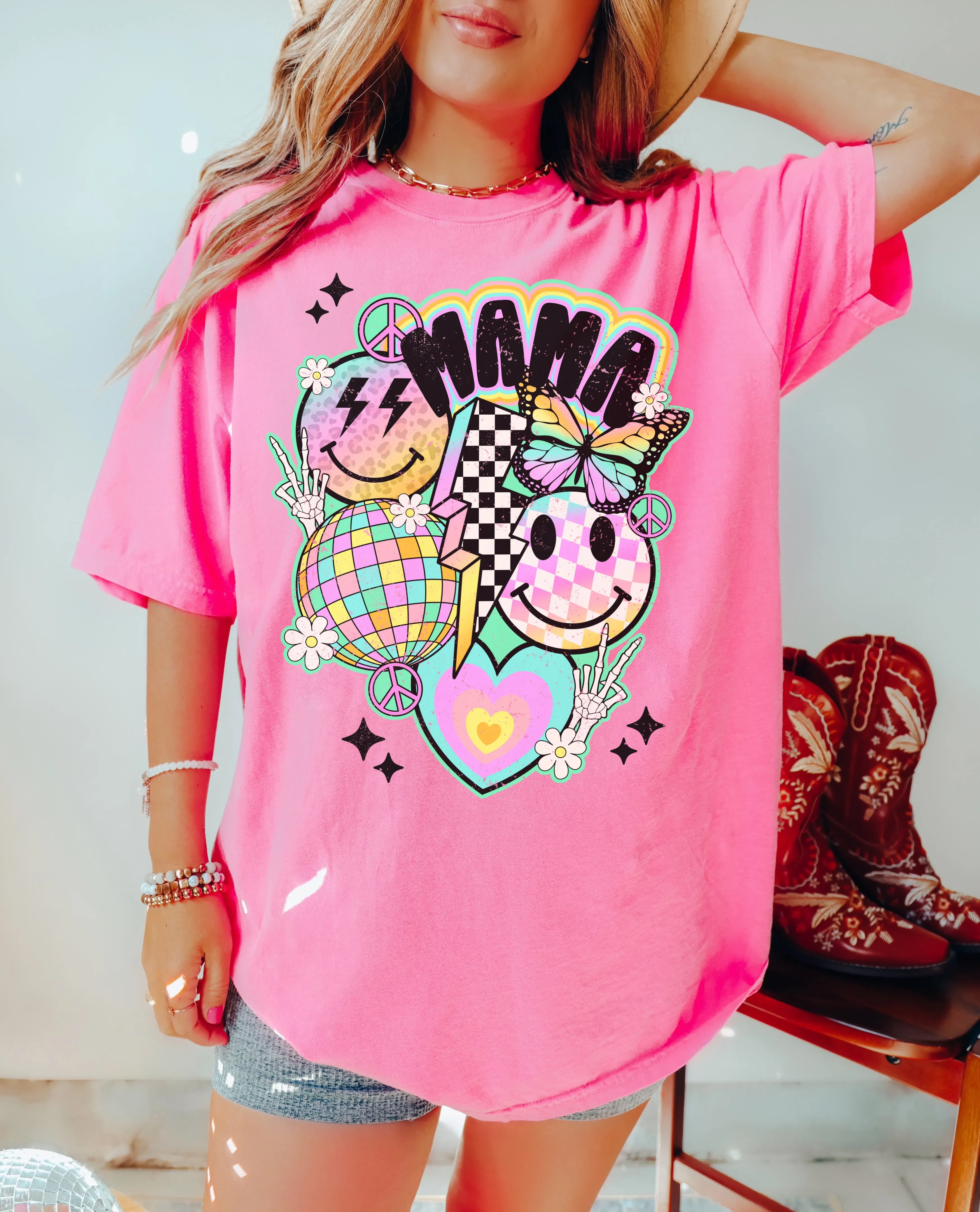 Comfort Colors Retro Mama Smiley Tee - Fun Mom Shirt- Rocker Tee/ Softstyle Tee