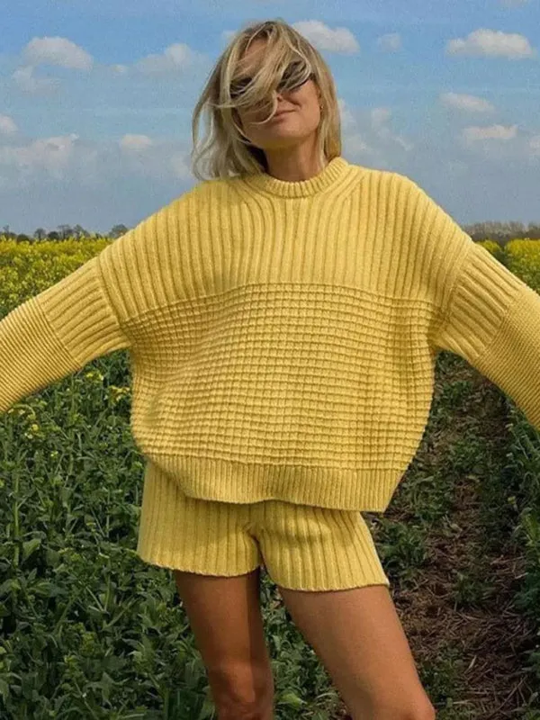 Comfy Knitwear Duo: Lounge Sweater and Laid-Back Shorts