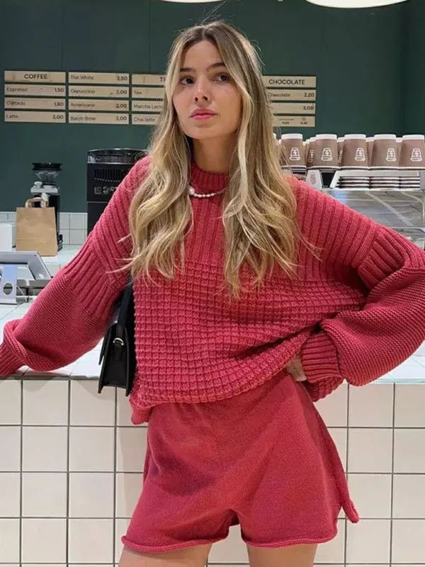 Comfy Knitwear Duo: Lounge Sweater and Laid-Back Shorts