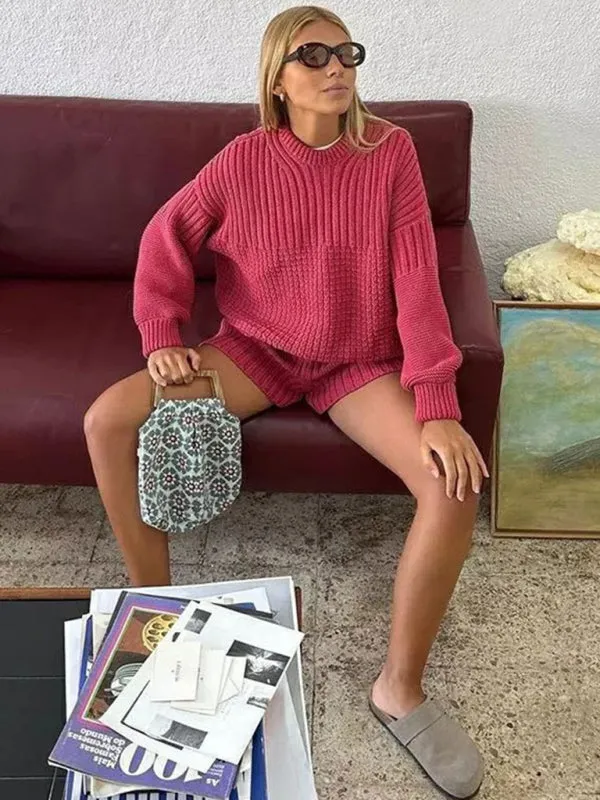 Comfy Knitwear Duo: Lounge Sweater and Laid-Back Shorts