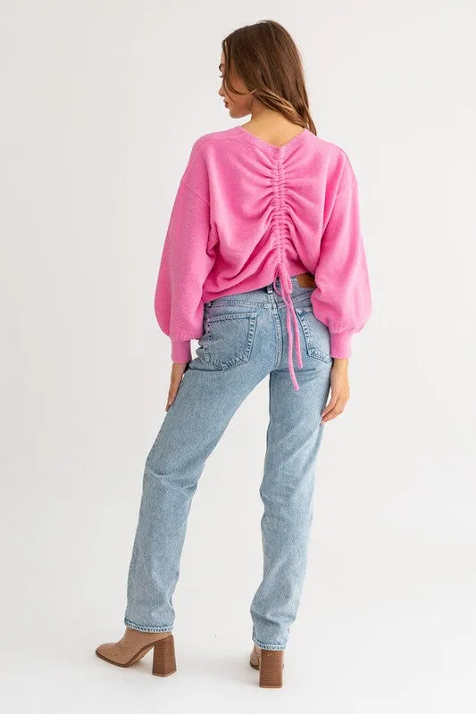 Cute Cozy Back Rouching Fuzzy Long Sleeve Cropped Sweater