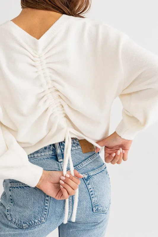 Cute Cozy Back Rouching Fuzzy Long Sleeve Cropped Sweater
