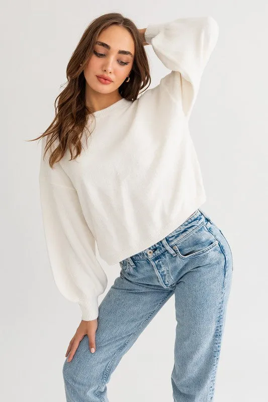 Cute Cozy Back Rouching Fuzzy Long Sleeve Cropped Sweater