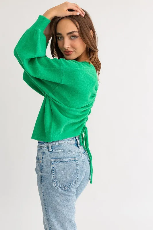 Cute Cozy Back Rouching Fuzzy Long Sleeve Cropped Sweater