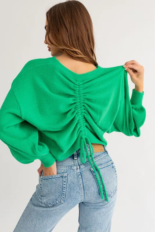Cute Cozy Back Rouching Fuzzy Long Sleeve Cropped Sweater