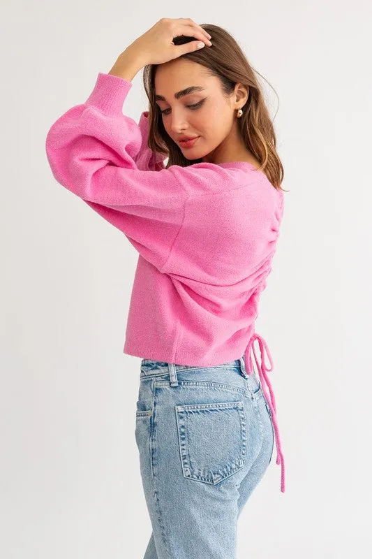 Cute Cozy Back Rouching Fuzzy Long Sleeve Cropped Sweater