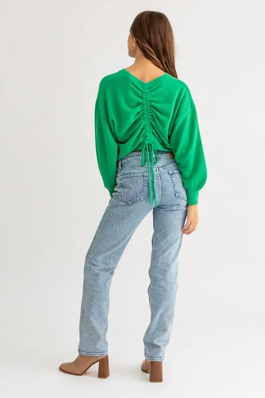 Cute Cozy Back Rouching Fuzzy Long Sleeve Cropped Sweater