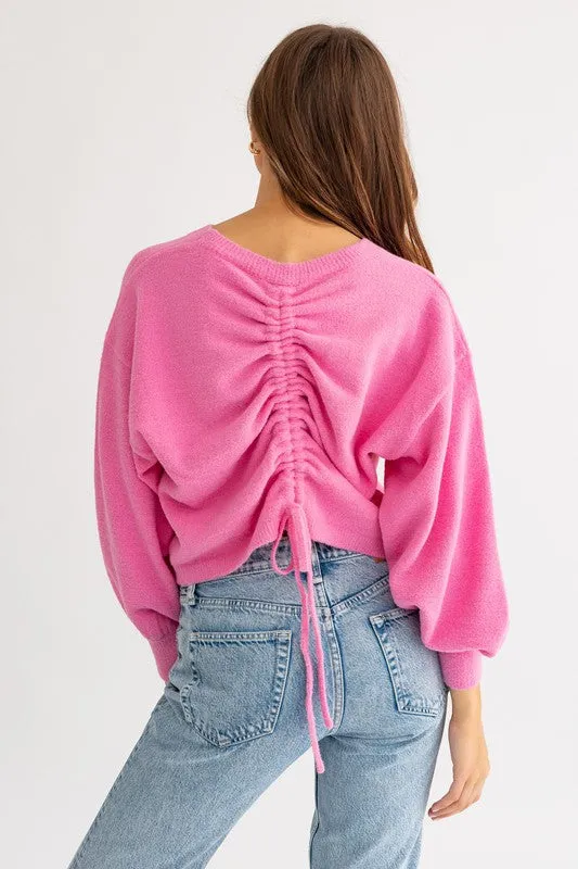 Cute Cozy Back Rouching Fuzzy Long Sleeve Cropped Sweater