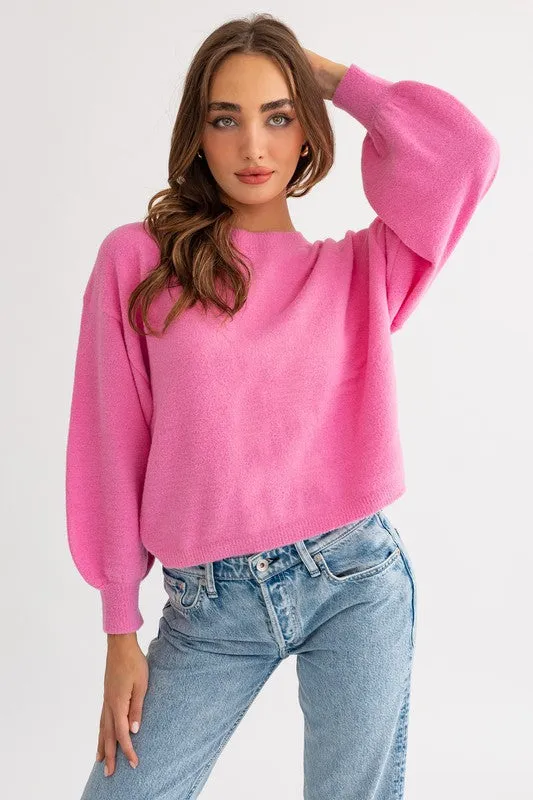 Cute Cozy Back Rouching Fuzzy Long Sleeve Cropped Sweater