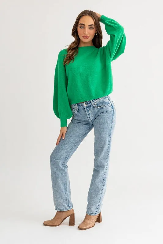 Cute Cozy Back Rouching Fuzzy Long Sleeve Cropped Sweater