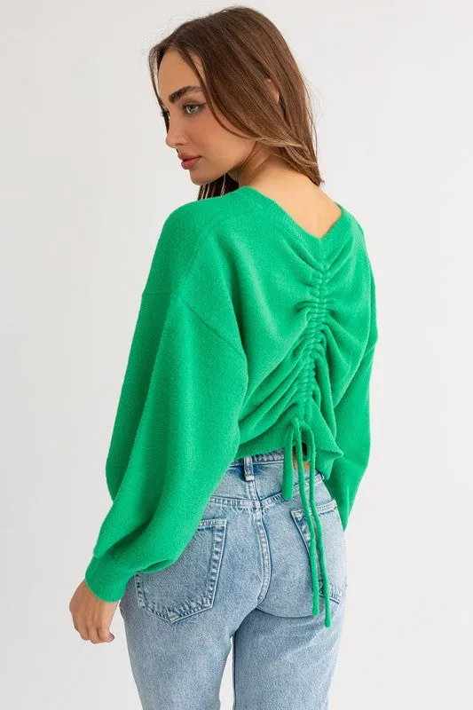 Cute Cozy Back Rouching Fuzzy Long Sleeve Cropped Sweater