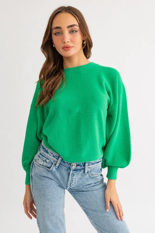Cute Cozy Back Rouching Fuzzy Long Sleeve Cropped Sweater