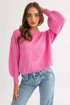 Cute Cozy Back Rouching Fuzzy Long Sleeve Cropped Sweater