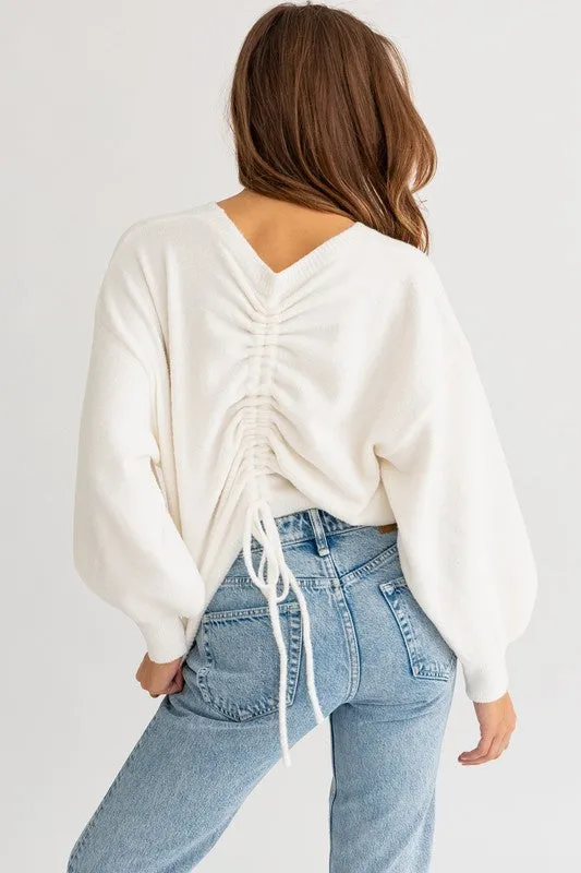 Cute Cozy Back Rouching Fuzzy Long Sleeve Cropped Sweater