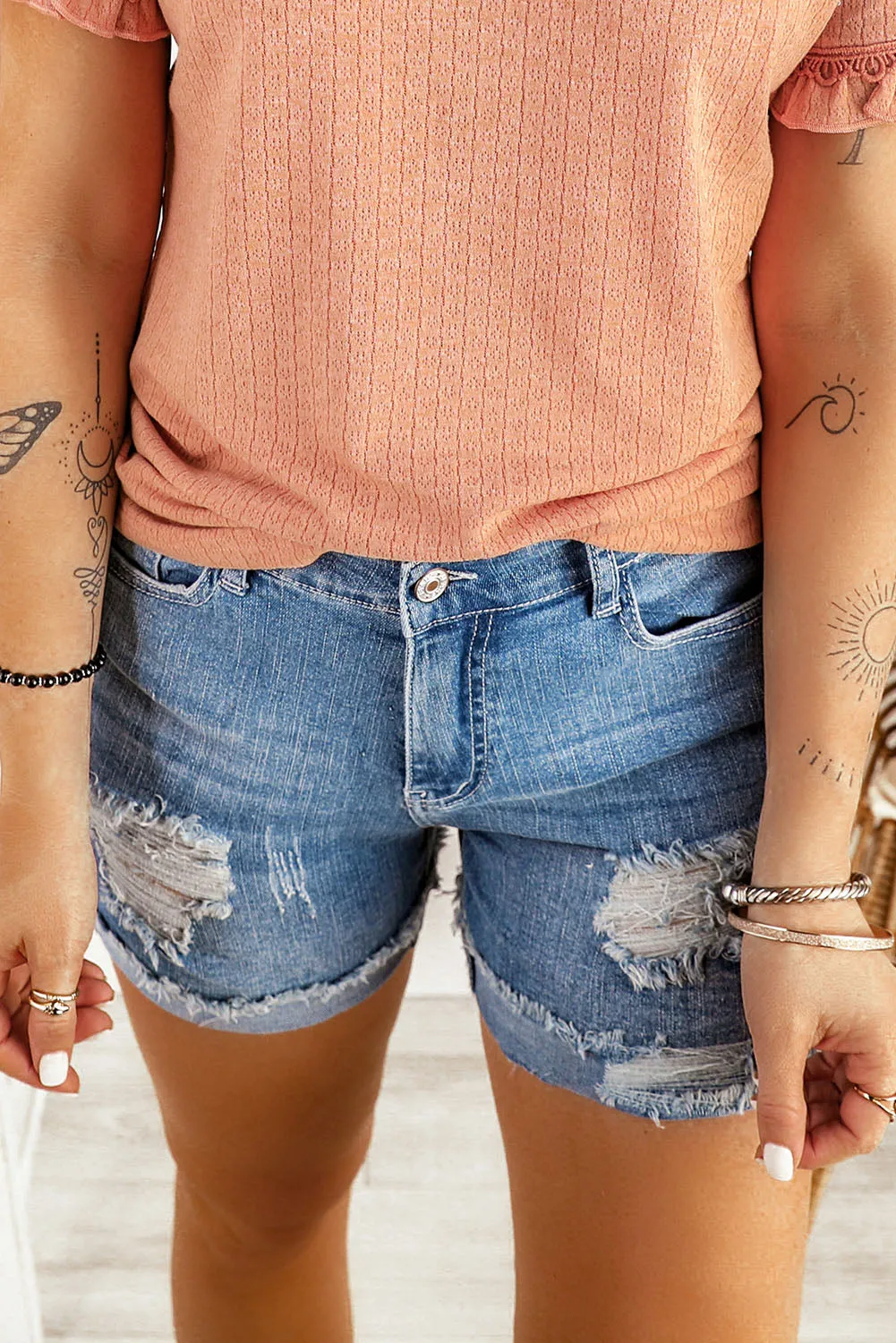 Distressed Ripped Rolled Hem Black Denim Shorts