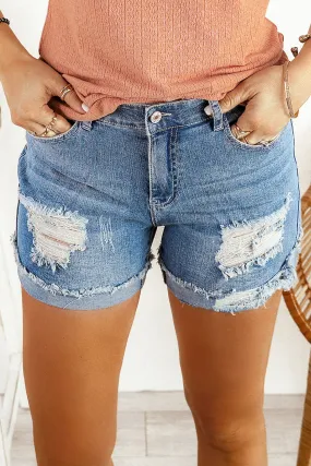 Distressed Ripped Rolled Hem Black Denim Shorts