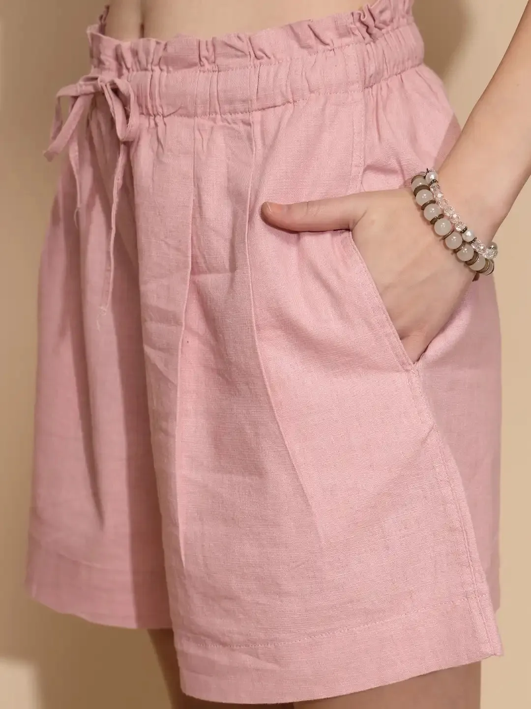 Dusky Pink Linen Blend  Relaxed Fit Shorts For Women