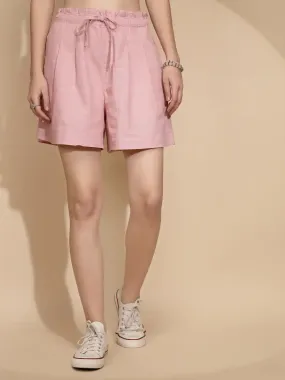 Dusky Pink Linen Blend  Relaxed Fit Shorts For Women