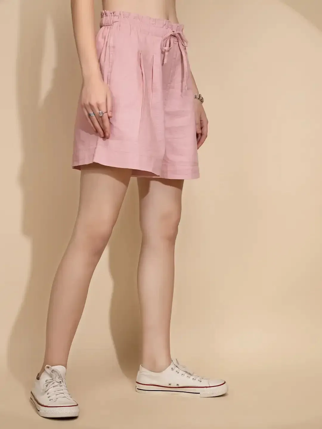 Dusky Pink Linen Blend  Relaxed Fit Shorts For Women