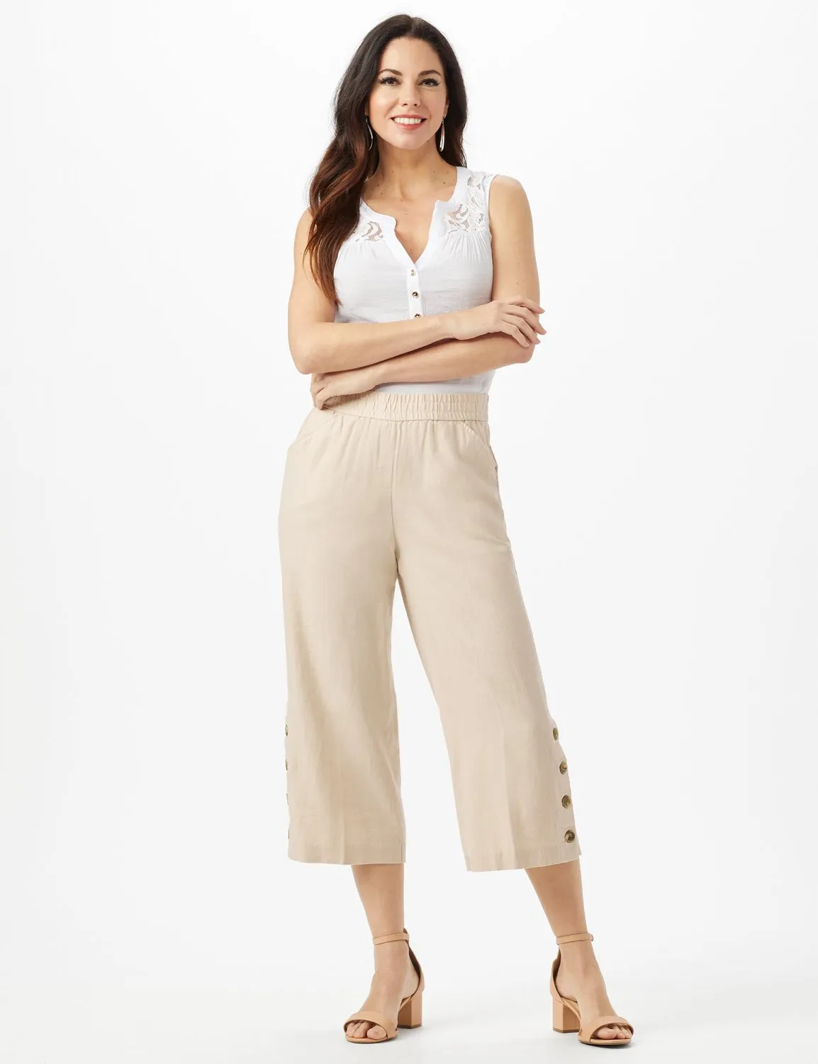 Elastic Waist Crop With Button Detail On Leg