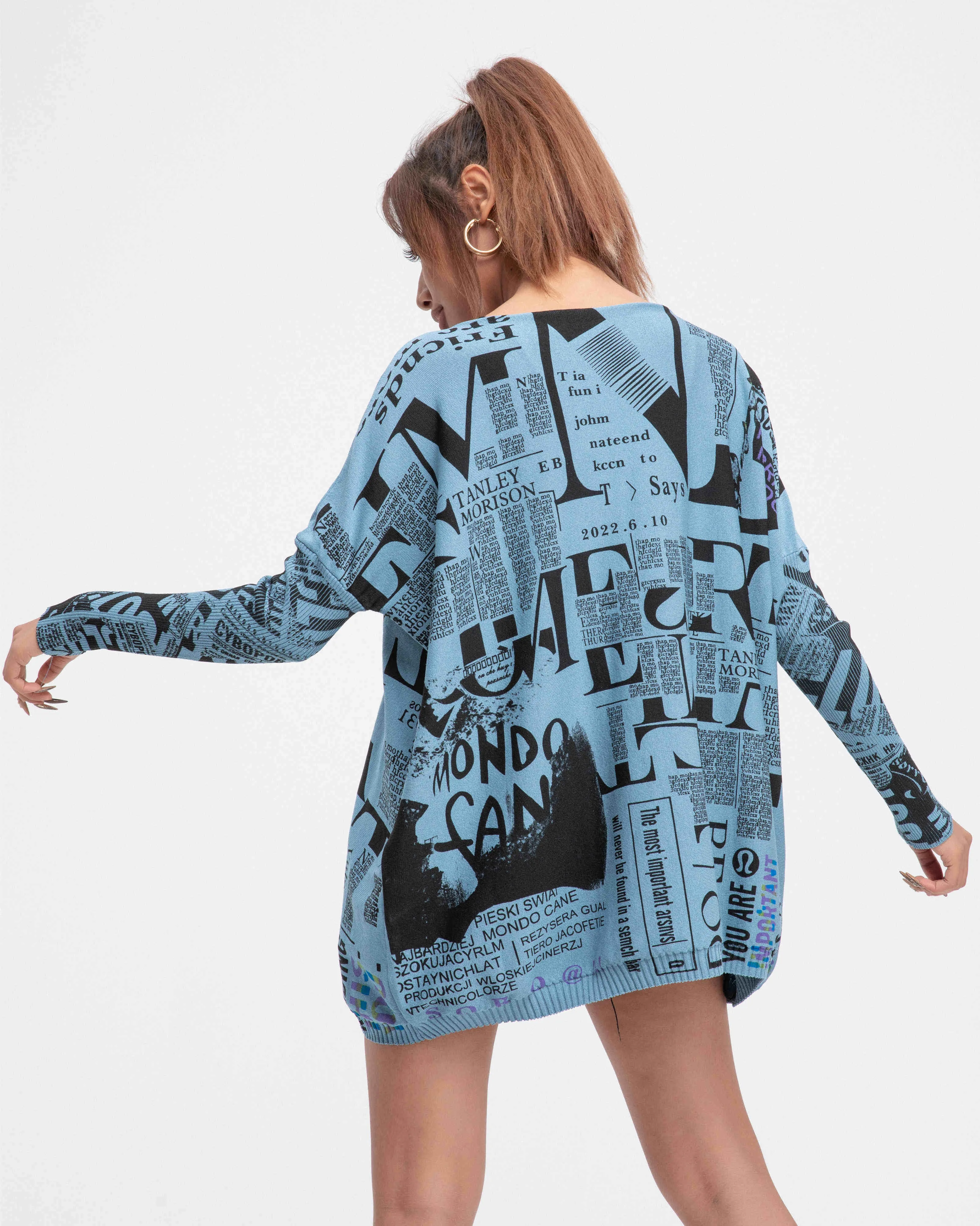 ❤ellazhu Women's Long Sleeve Sweater Newspaper Painting Pullover Oversized Shirt GY2753