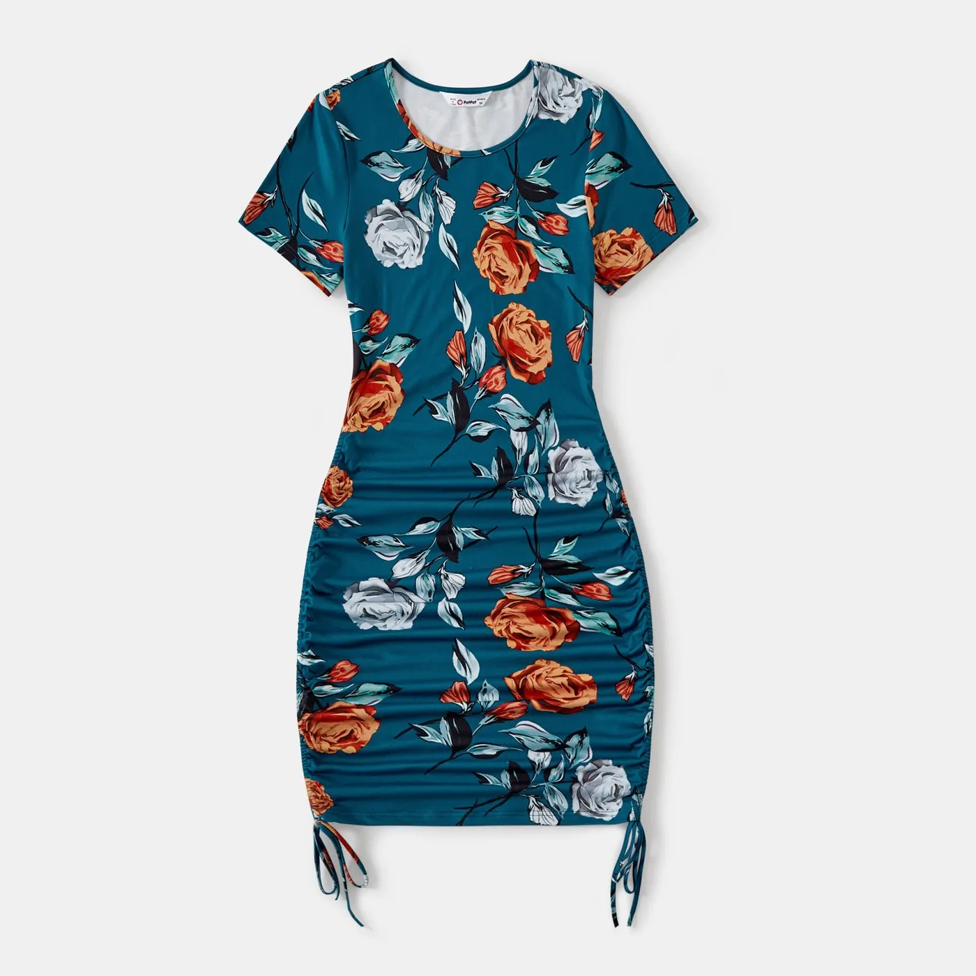Family Matching Allover Floral Print Drawstring Ruched Bodycon Cami Dresses and Short-sleeve Spliced T-shirts Sets