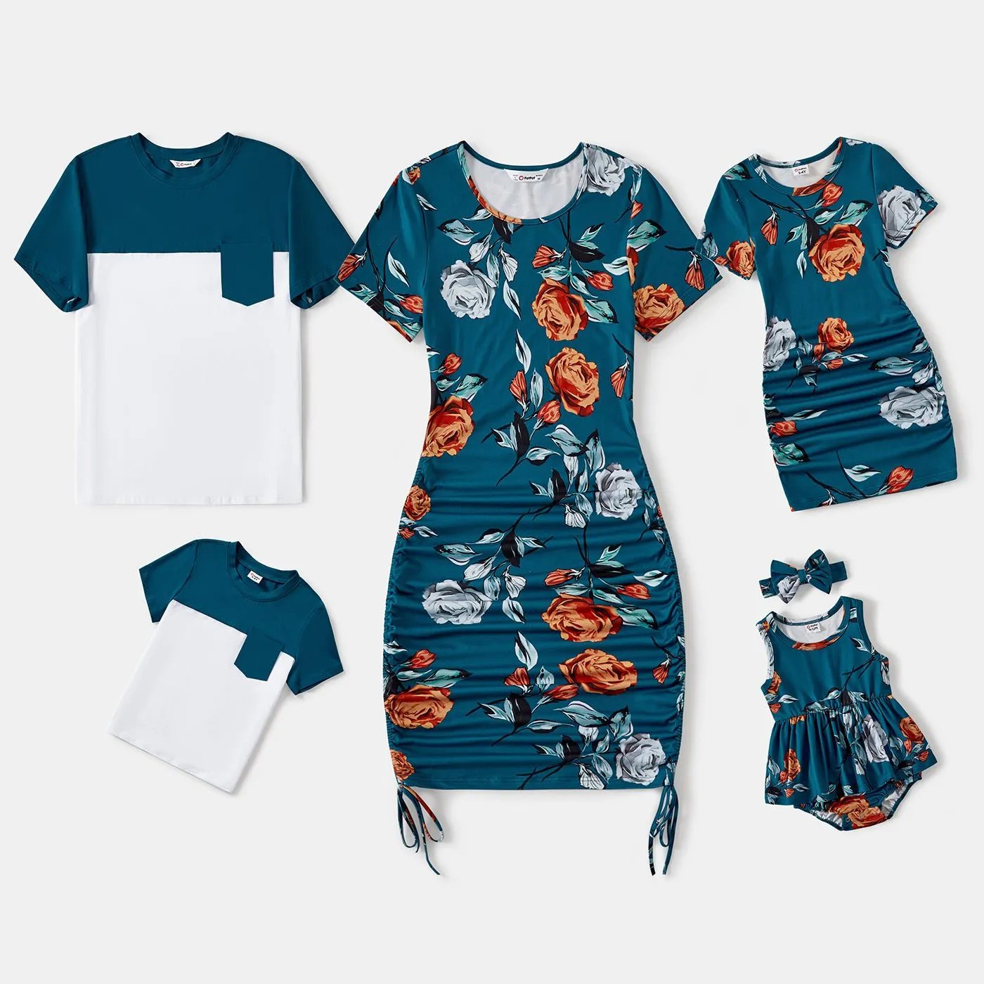 Family Matching Allover Floral Print Drawstring Ruched Bodycon Cami Dresses and Short-sleeve Spliced T-shirts Sets