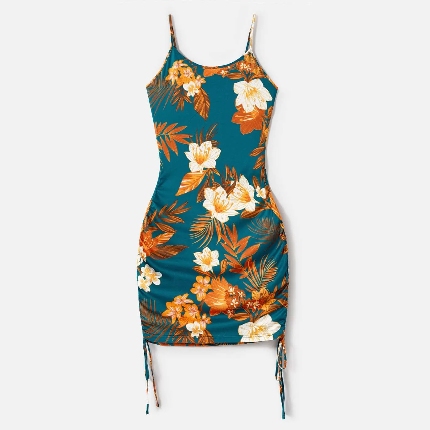Family Matching Allover Floral Print Drawstring Ruched Bodycon Cami Dresses and Short-sleeve Spliced T-shirts Sets