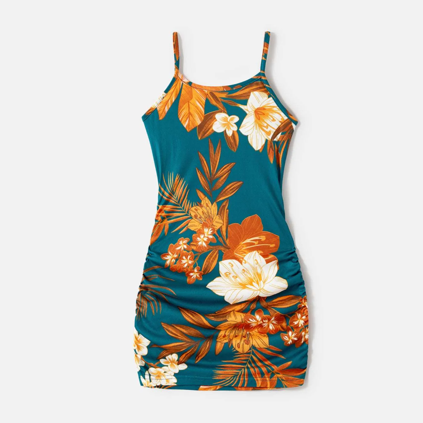 Family Matching Allover Floral Print Drawstring Ruched Bodycon Cami Dresses and Short-sleeve Spliced T-shirts Sets