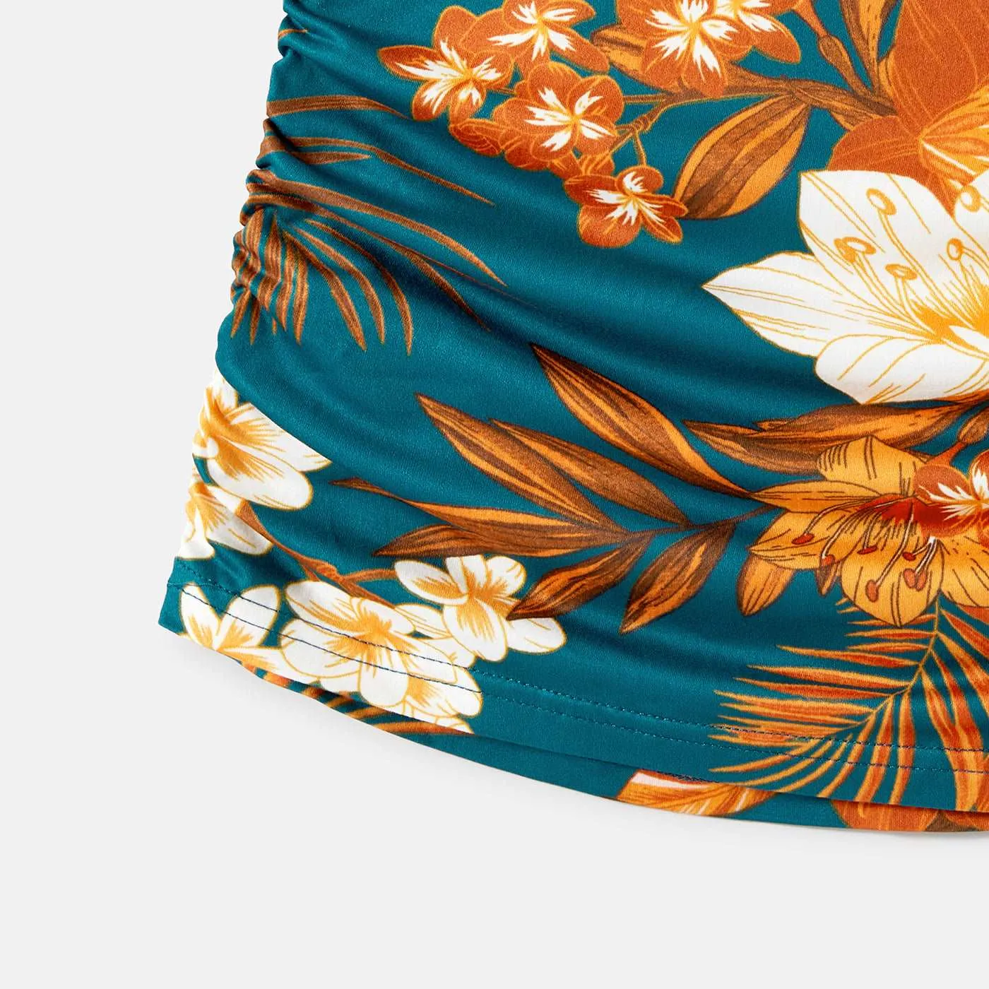 Family Matching Allover Floral Print Drawstring Ruched Bodycon Cami Dresses and Short-sleeve Spliced T-shirts Sets