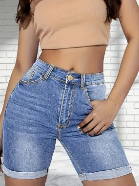 High-Waisted Denim Shorts - Fashionable Casual Style, Roll-Up Hem, Tight Fit - Classic Blue Jean Color, Perfect for Summer Wear and Outdoor Activities, Designed for Womens Fashion and Comfort