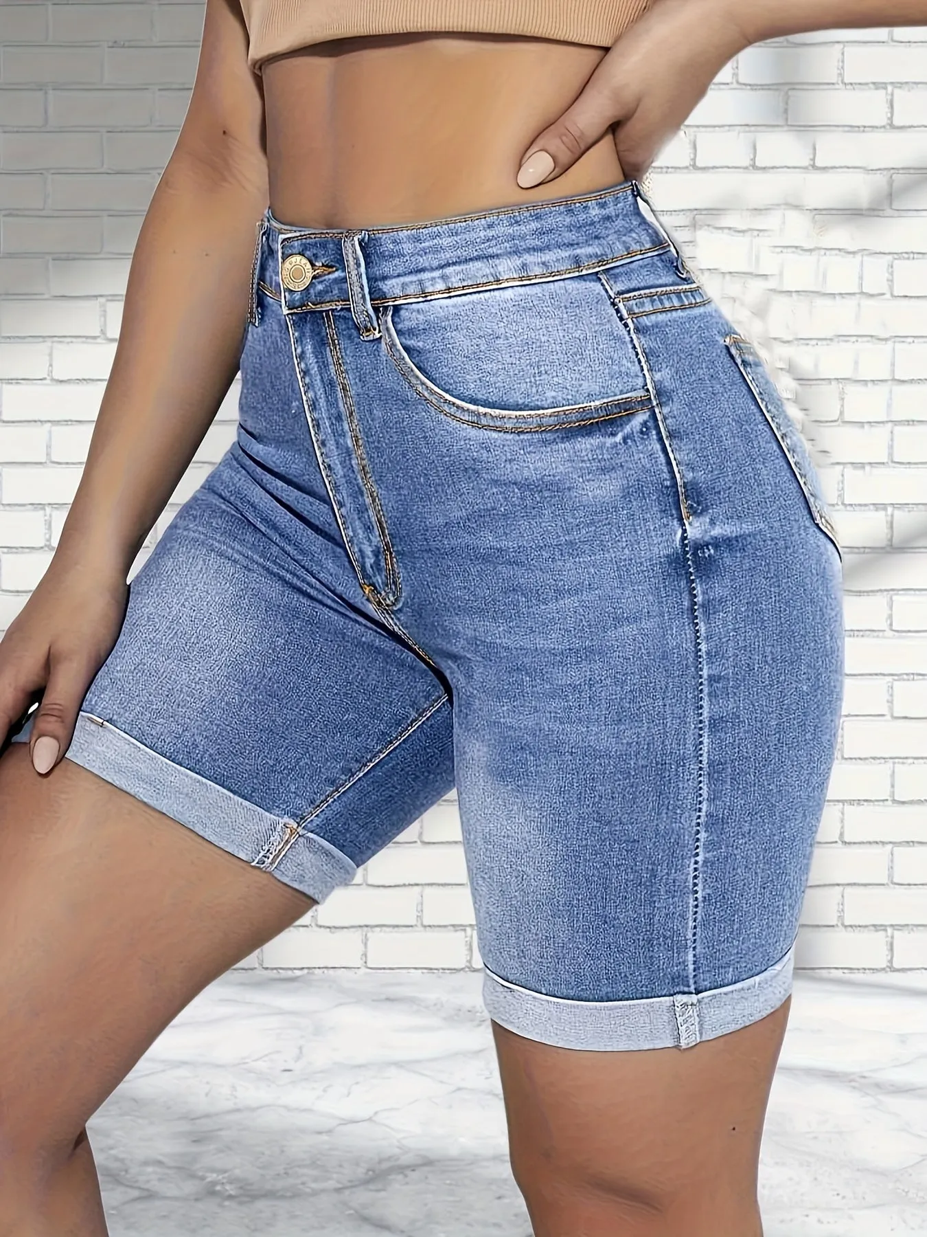 High-Waisted Denim Shorts - Fashionable Casual Style, Roll-Up Hem, Tight Fit - Classic Blue Jean Color, Perfect for Summer Wear and Outdoor Activities, Designed for Womens Fashion and Comfort