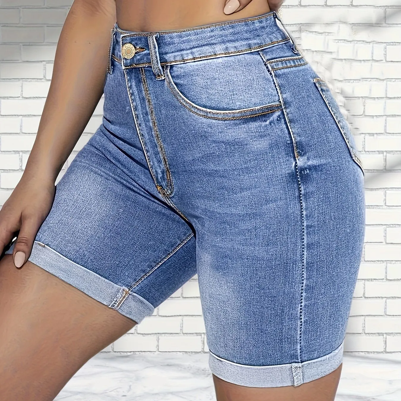 High-Waisted Denim Shorts - Fashionable Casual Style, Roll-Up Hem, Tight Fit - Classic Blue Jean Color, Perfect for Summer Wear and Outdoor Activities, Designed for Womens Fashion and Comfort