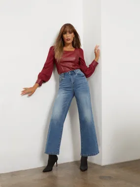 High-Waisted Wide-Leg Capri Jeans - Medium Blue Wash