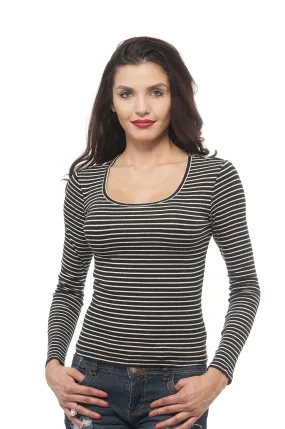 Hollywood Star Fashion Long Sleeve Ribbed Stripe Scoop Neck Top