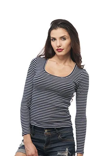 Hollywood Star Fashion Long Sleeve Ribbed Stripe Scoop Neck Top