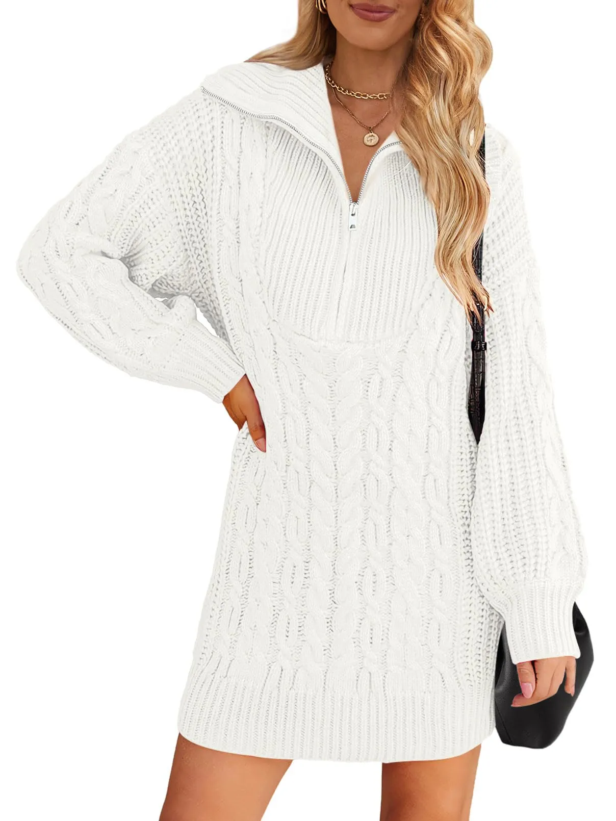 MEROKEETY Quarter Zip V Neck Cable Knit Mini Dress