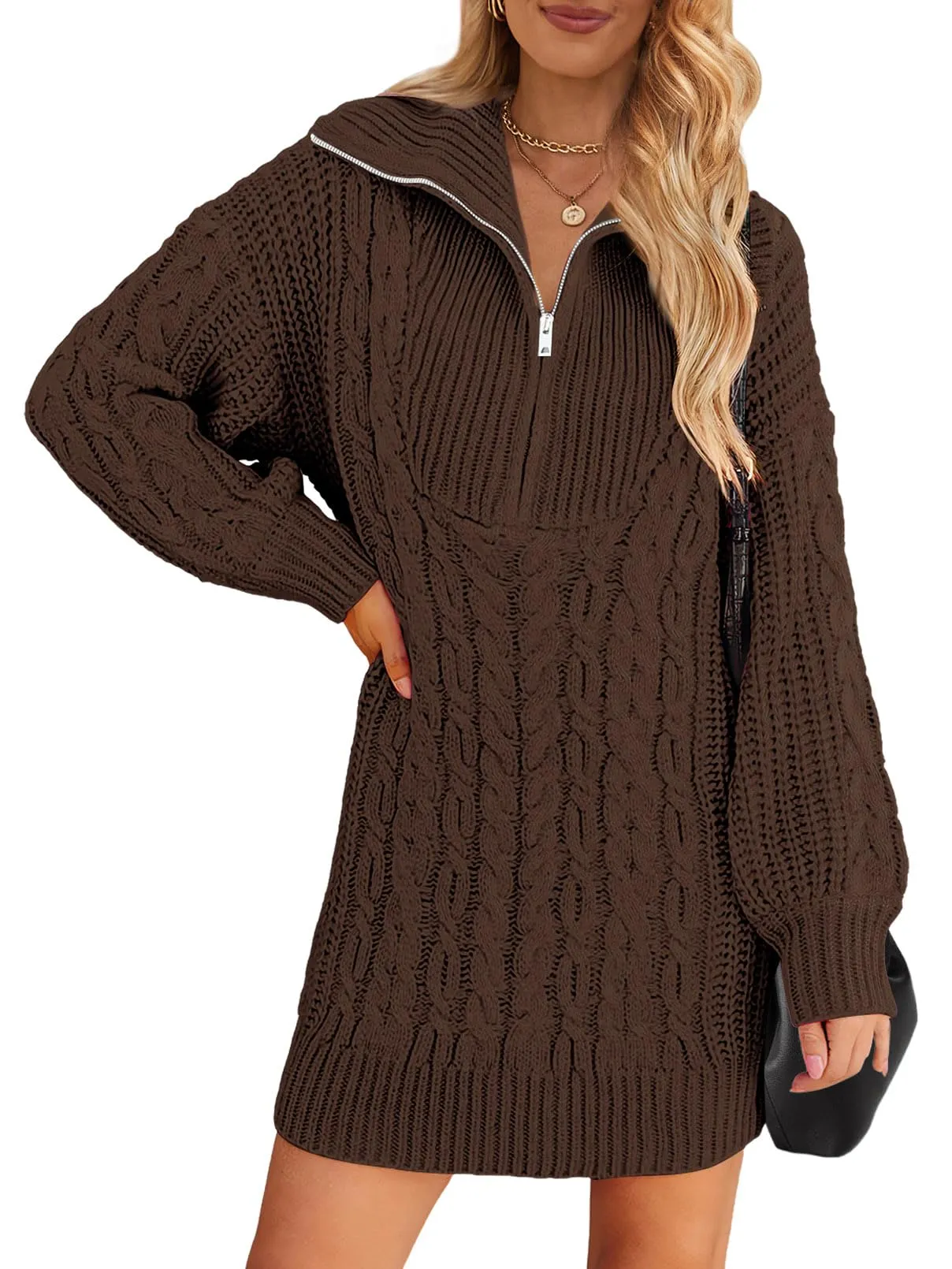MEROKEETY Quarter Zip V Neck Cable Knit Mini Dress
