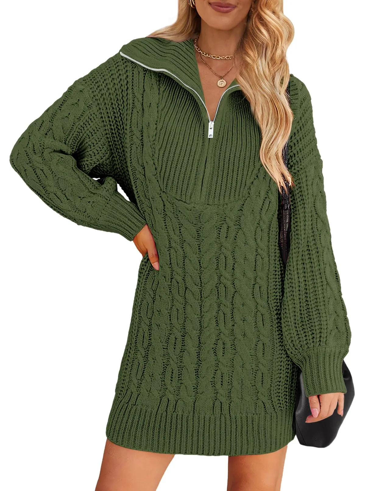 MEROKEETY Quarter Zip V Neck Cable Knit Mini Dress