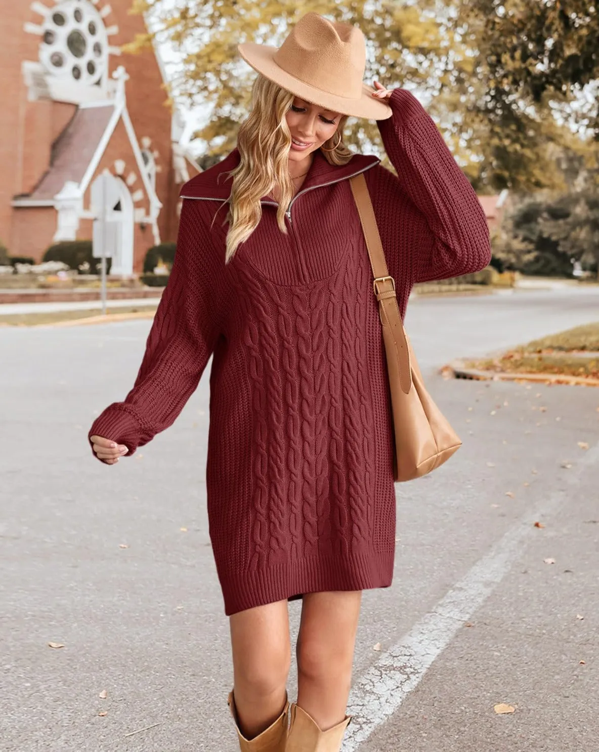 MEROKEETY Quarter Zip V Neck Cable Knit Mini Dress