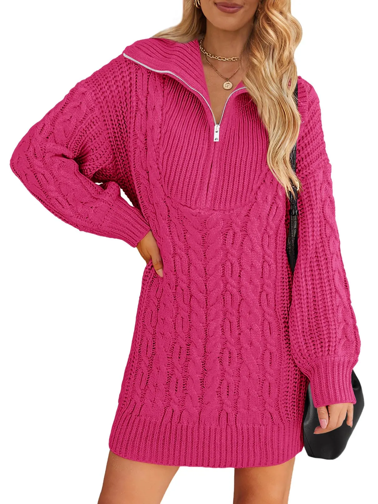 MEROKEETY Quarter Zip V Neck Cable Knit Mini Dress