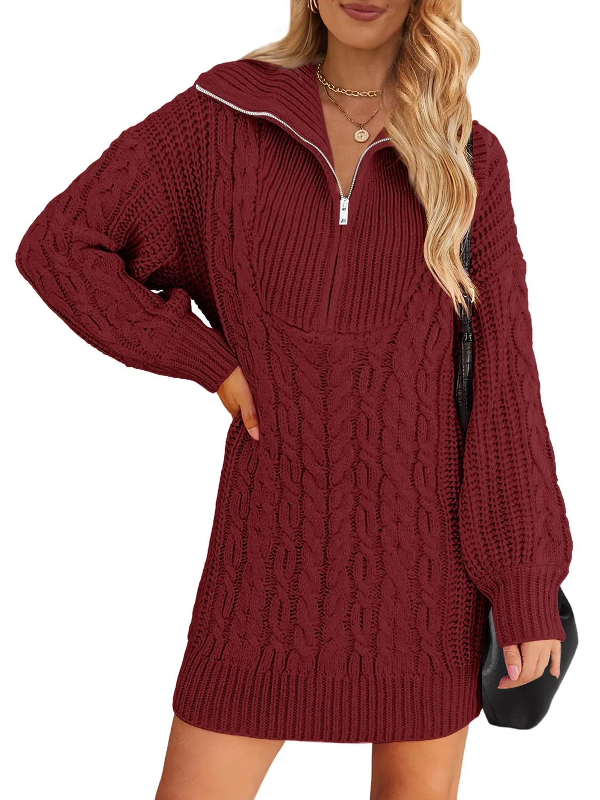 MEROKEETY Quarter Zip V Neck Cable Knit Mini Dress