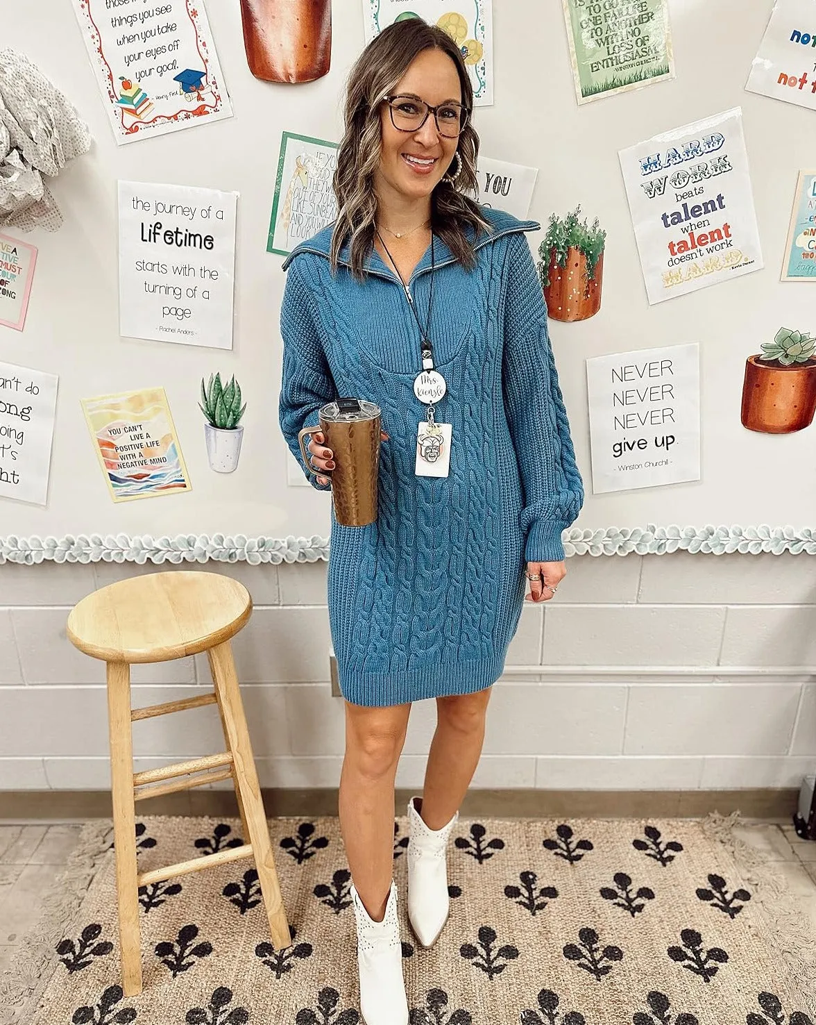 MEROKEETY Quarter Zip V Neck Cable Knit Mini Dress