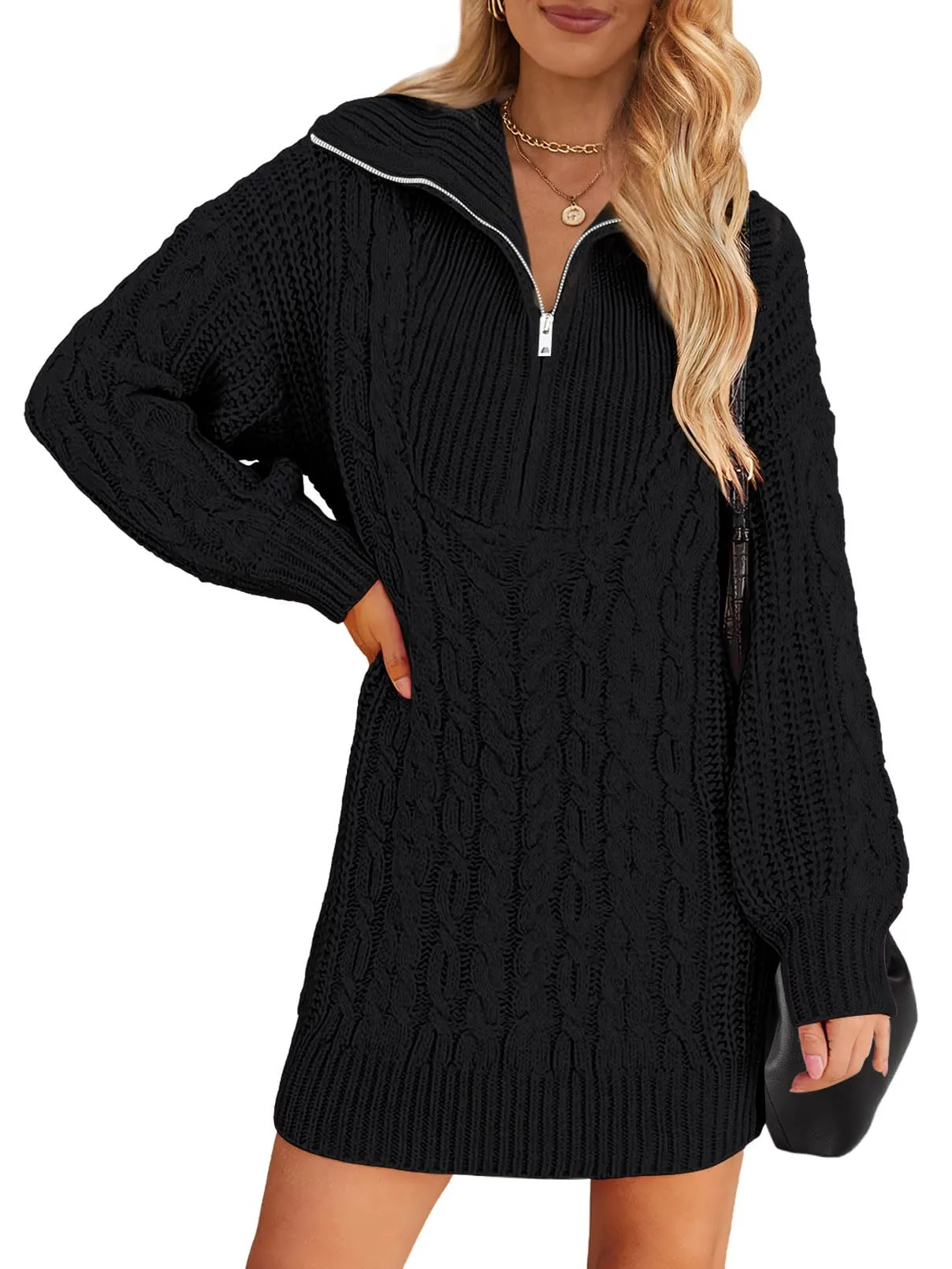 MEROKEETY Quarter Zip V Neck Cable Knit Mini Dress