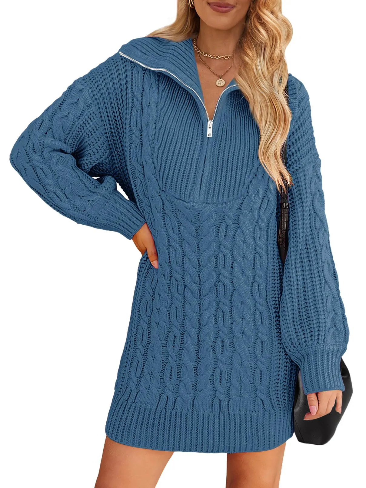MEROKEETY Quarter Zip V Neck Cable Knit Mini Dress