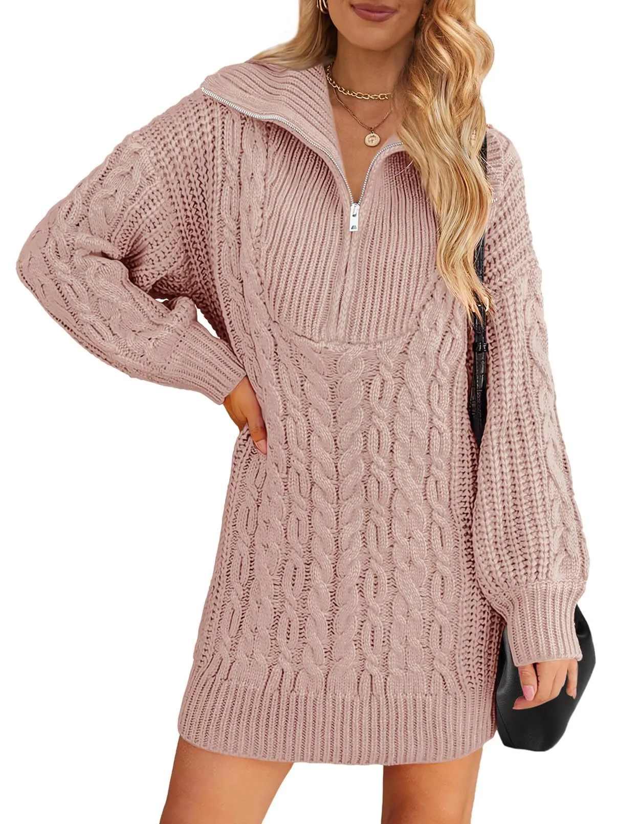 MEROKEETY Quarter Zip V Neck Cable Knit Mini Dress