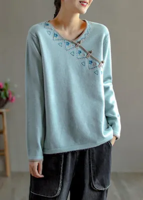 Natural Light Blue Embroideried Oriental Button Wool Knitted Tops Winter
